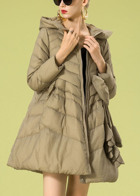 Vintage Khaki hooded zippered Bow Winter Duck Down coat