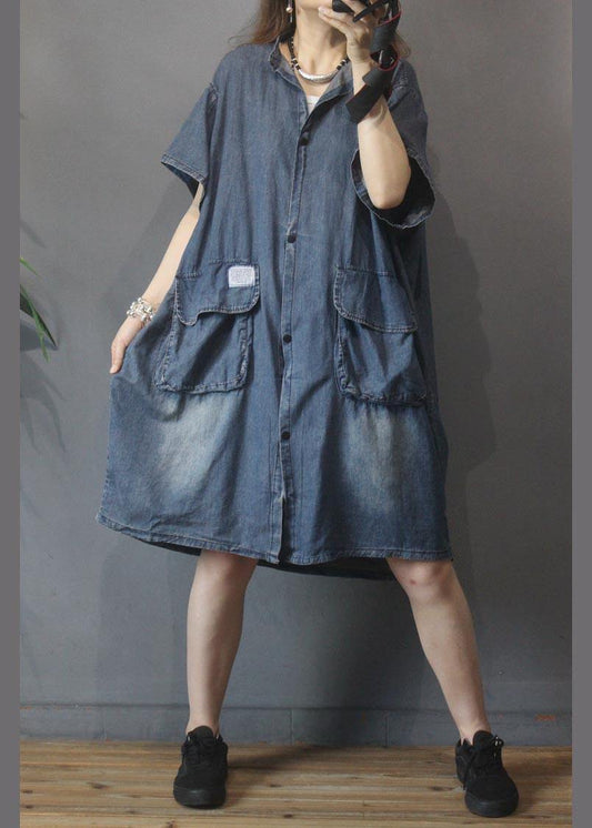 Vintage Large Pocket Grey Denim Dress - SooLinen