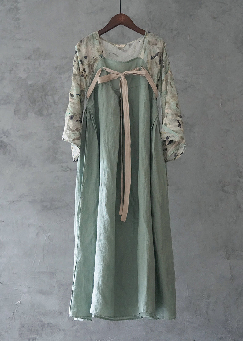 Vintage Hellblau Lace up print Patchwork Leinen Lange Kleider Langarm