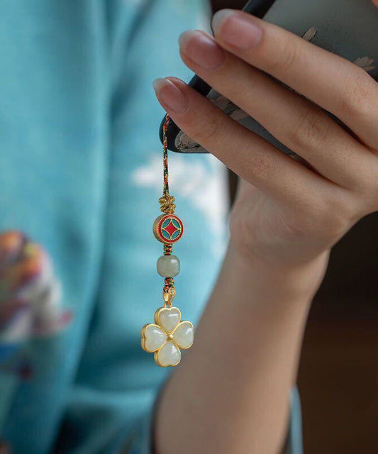 Vintage-Handyketten aus mehrfarbigem Sterlingsilber mit Jade-Einlage in Form eines vierblättrigen Kleeblatts