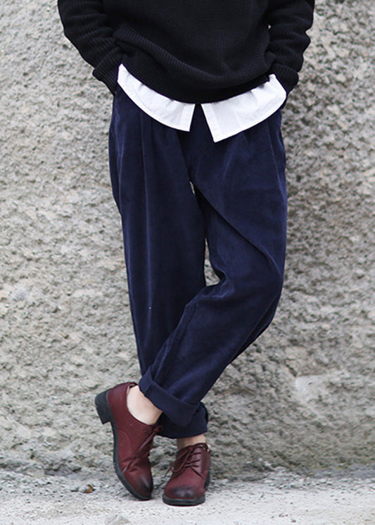 Vintage Marineblau Elastische Taille Cord Haremshose Frühling