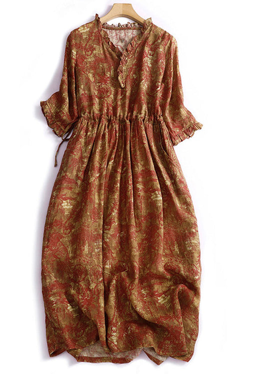 Vestido largo vintage azul marino con volantes, estampado de patchwork y cordón, manga corta