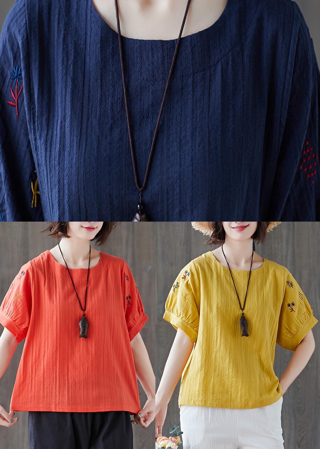 Vintage Navy Embroideried Cotton Linen T Shirts Summer - SooLinen