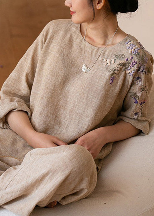 Vintage O-Ausschnitt Besticktes Leinenhemd Top Langarm