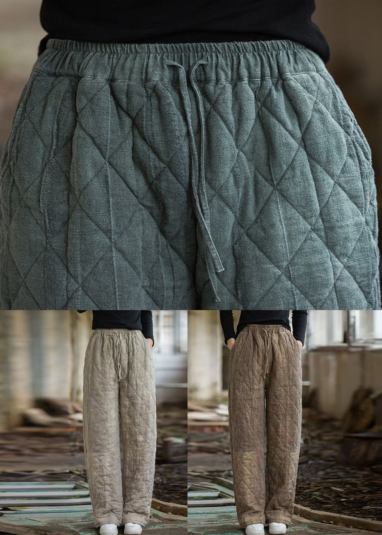 Pantalones rectos vintage de cuadros escoceses con teñido anudado y bolsillos rellenos de algodón