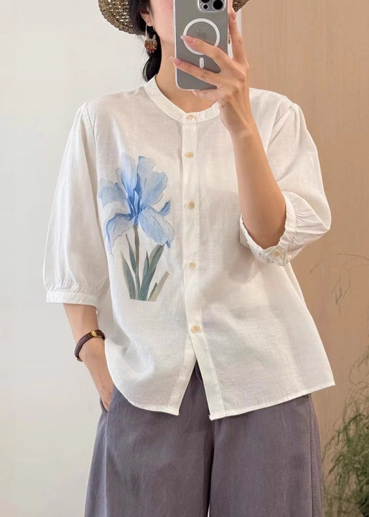 Vintage Orange Button Print Linen Blouses Half Sleeve