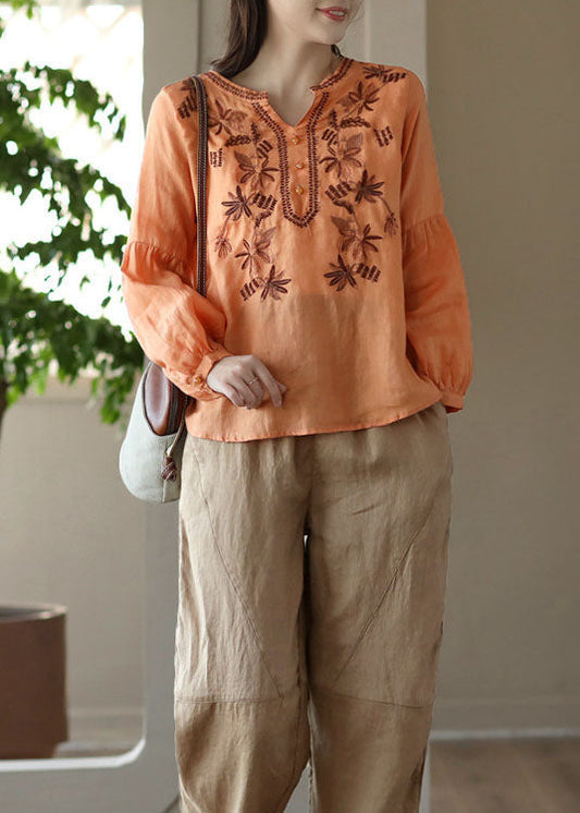 Vintage Orange bestickt faltig Patchwork Leinen T Shirt Frühling
