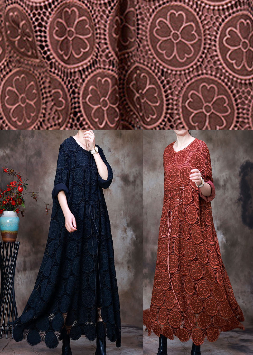 Vintage Orange Besticktes asymmetrisches Design Herbstkleid Langarm