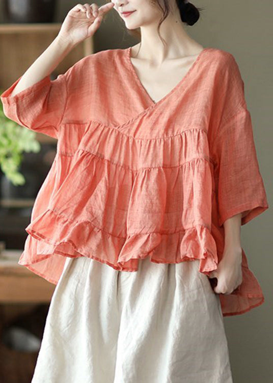 Vintage Orange Solid Loose Linen Shirt Tops Half Sleeve