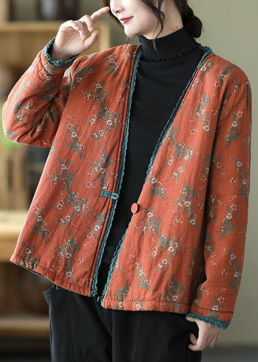 Vintage Orange V-Ausschnitt Print Feine Baumwolle gefüllt Strickjacke Winter