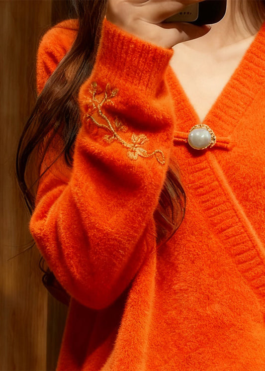 Vintage orangefarbener, dicker Baumwollstrickpullover mit V-Ausschnitt für den Herbst