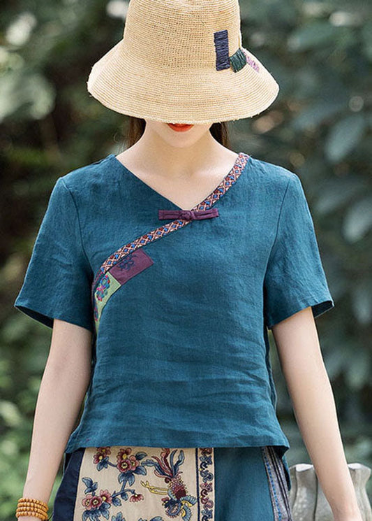 Vintage Pfau blau Knopf V Hals bestickt Leinen Shirt Top Frühling