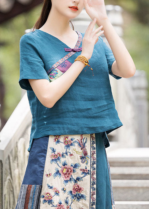 Vintage Pfau blau Knopf V Hals bestickt Leinen Shirt Top Frühling