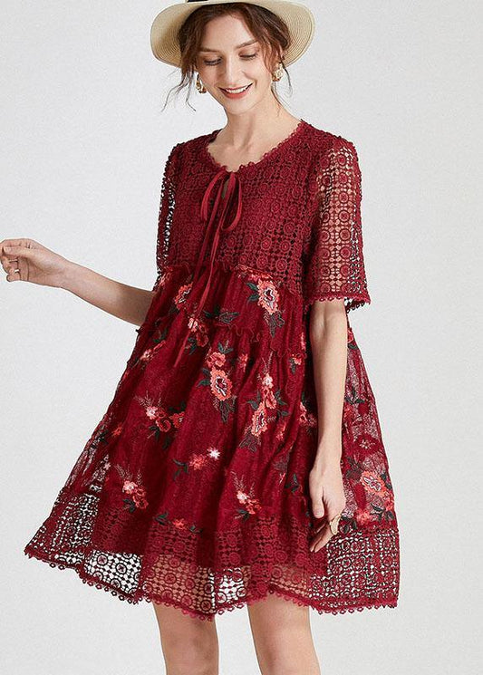 Vintage Pink Hollow Out Embroideried Summer Mid Dress Half Sleeve - SooLinen