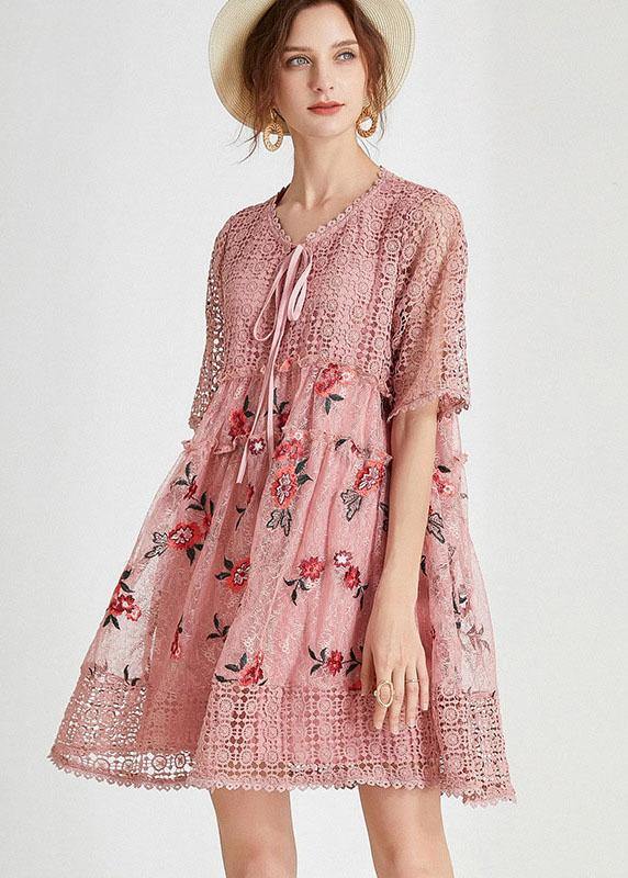 Vintage Pink Hollow Out Embroideried Summer Mid Dress Half Sleeve - SooLinen