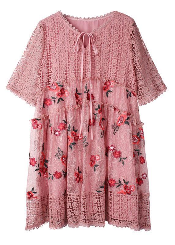 Vintage Pink Hollow Out Embroideried Summer Mid Dress Half Sleeve - SooLinen