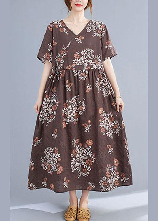 Vintage Pink Loose V Necktie Waist Summer Short Sleeve Dresses - SooLinen