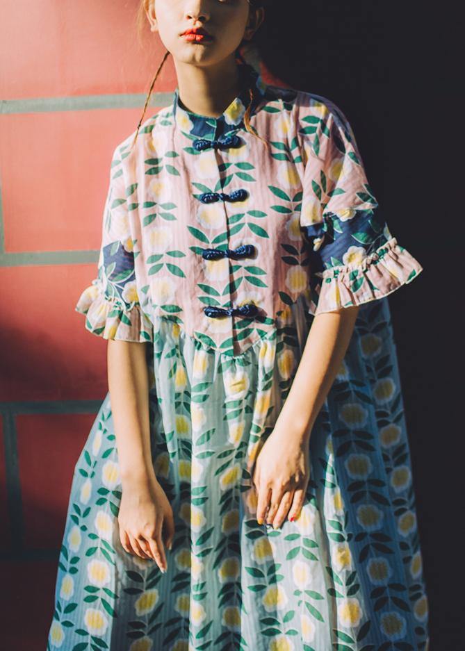 Vintage Pink Print Cute stand collar Summer Dress - SooLinen