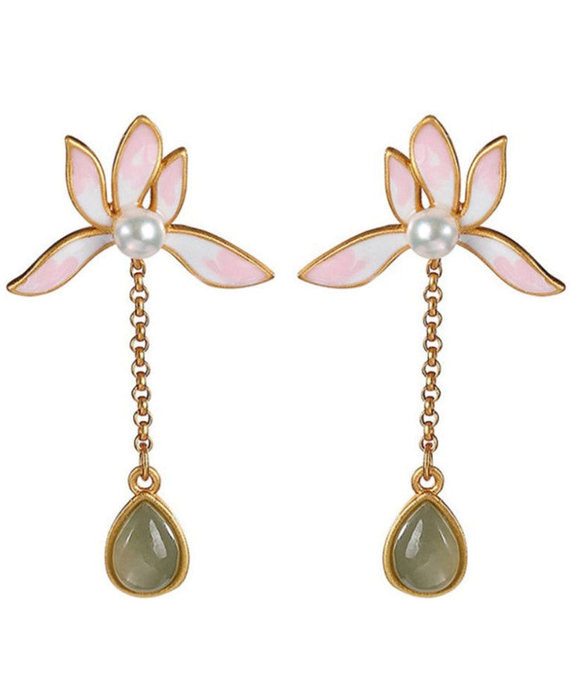 Pendientes vintage de jade con incrustaciones doradas en plata de ley rosa