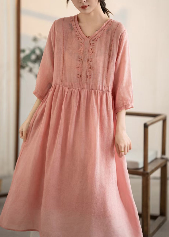 Vintage Pink V Neck Patchwork Linen Dresses Summer