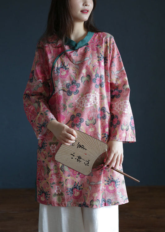 Vintage Pink button Stand Collar side open print Linen Tops Long Sleeve