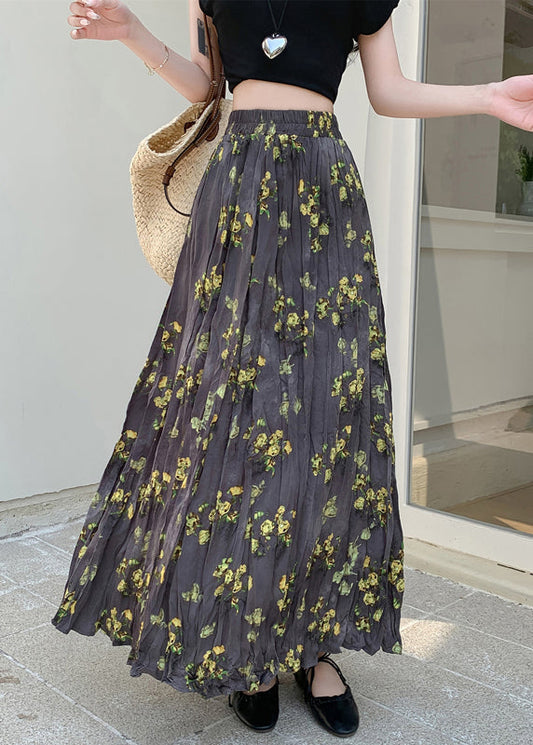 Falda de algodón con cintura elástica arrugada y estampado vintage para primavera