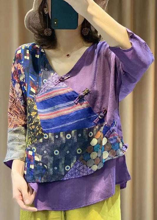 Vintage Lila Chinesischen Taste Druck Patchwork Baumwolle Hemd Tops Sommer