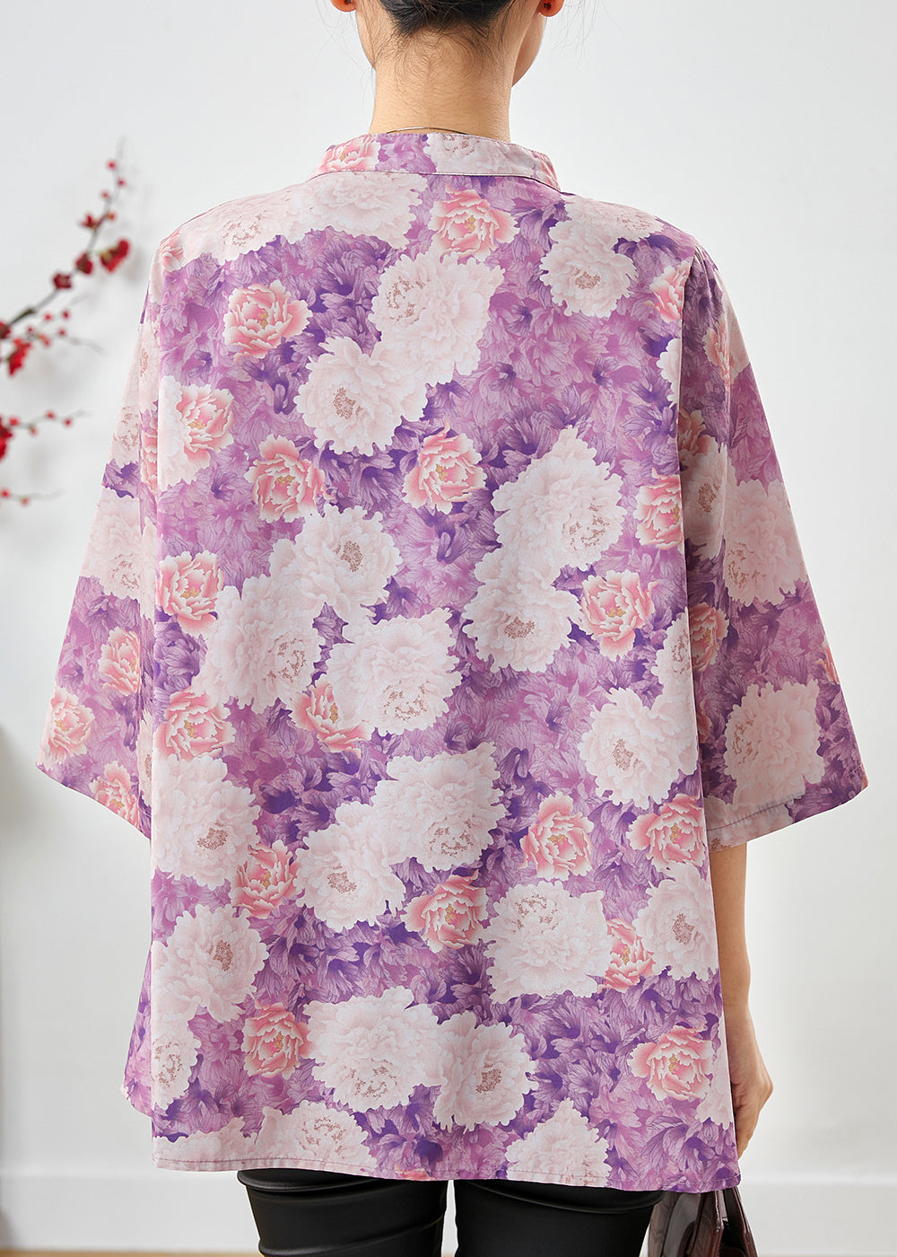 Vintage Lila Print Chinesischer Knopf Baumwolltop Sommer