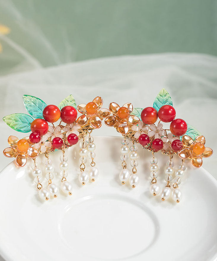 Vintage Regenbogen Kupfer vergoldete Perle Weißdornblatt Quaste Ein Paar Haarnadeln