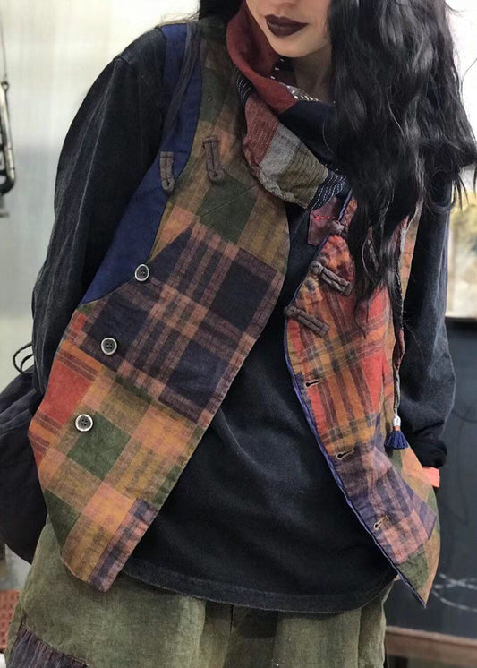 Vintage Red Button Plaid Patchwork Linen vest Spring