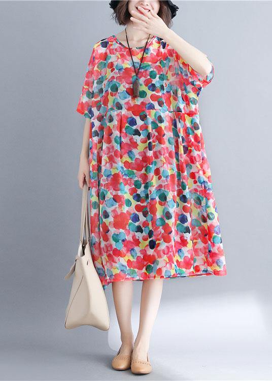 Vintage Red Chiffon Dotted Robe Dresses Short Sleeve - SooLinen
