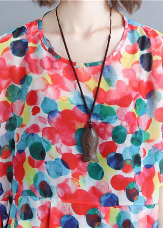Vintage Red Chiffon Dotted Robe Dresses Short Sleeve - SooLinen