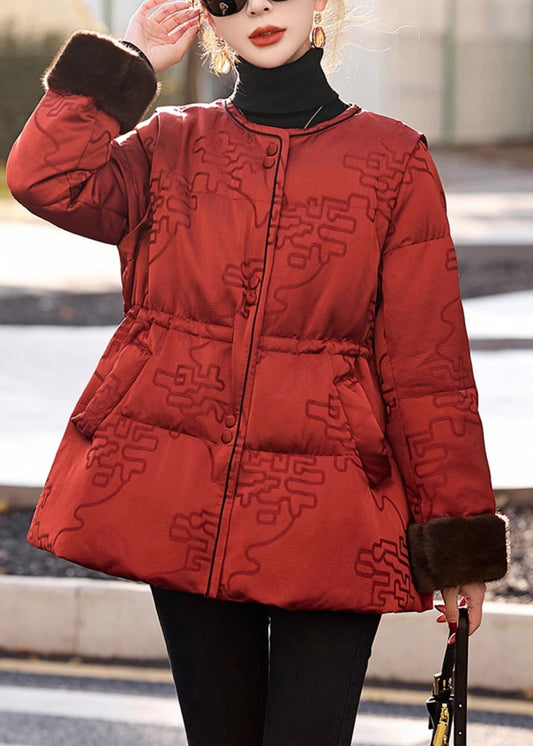 Vintage Red Cinched Print Duck Down Puffer Jacket Winter
