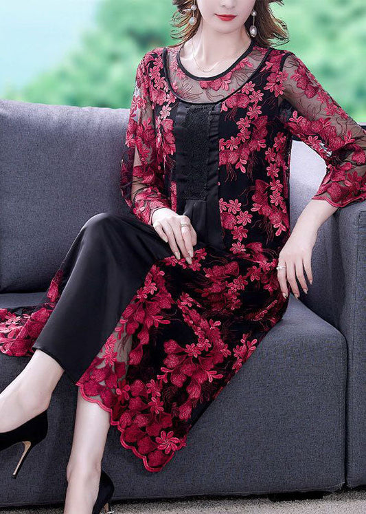 Vintage Rot Bestickt Aushöhlen Patchwork Tüll Kleider Armband Ärmel