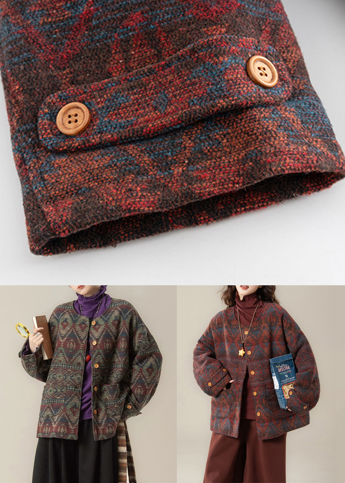 Vintage rote Parkas mit Rundhalsausschnitt, Print, Taschen und Baumwollfüllung für den Winter