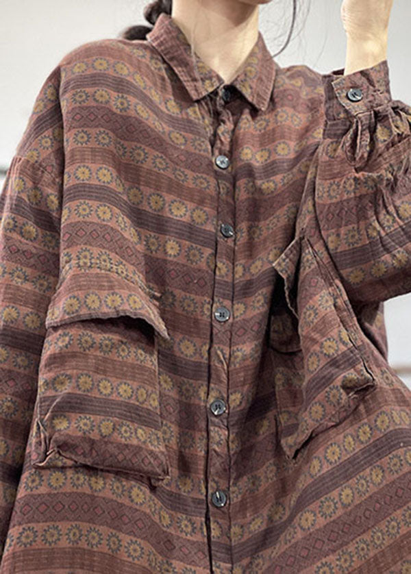 Vintage Rot Peter Pan Kragen Taschen Druck Baumwolle Gefüllt Leinen Mäntel Winter