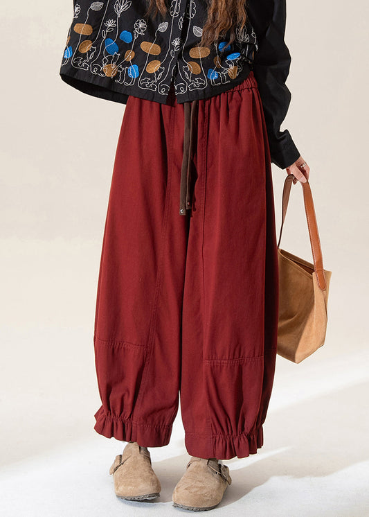 Vintage Red Ruffled Patchwork Solid Straight Pants