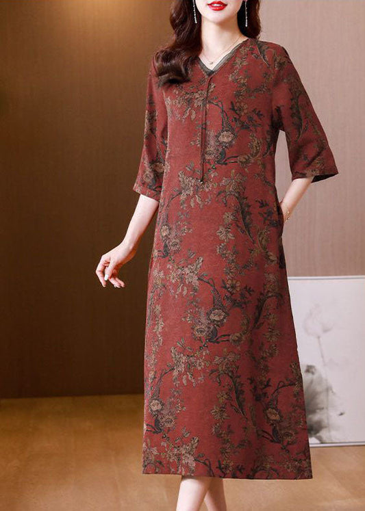 Vintage Rot V-Ausschnitt Patchwork Seide Cinch Kleid Armband Ärmel