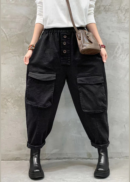 Vintage Rote elastische Taille Knopf Taschen Haremshose Frühling