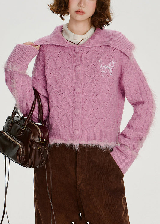 Vintage-Strickjacke mit Rosenmuster, Matrosenkragen, Patchwork-Design und Kunstpelz, Winter