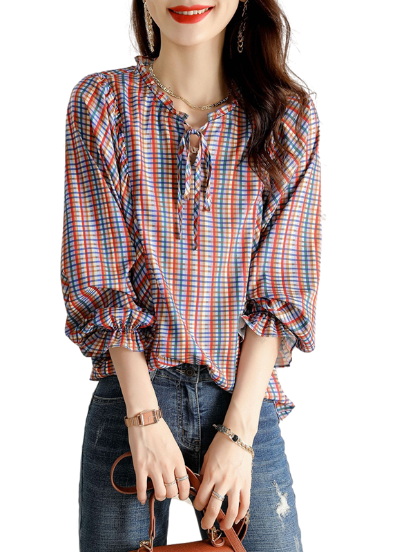 Vintage Rüschen Plaid Bluse Tops Frühling