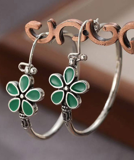 Vintage Silk Sterling Silver Five Petal Flower Hoop Earrings