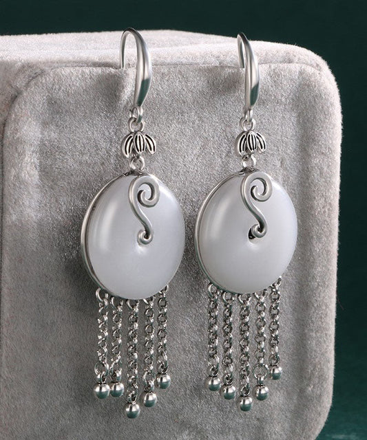 Vintage Seide Sterling Silber Intarsien Jade Quaste Tropfen Ohrringe