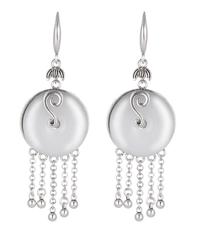 Vintage Seide Sterling Silber Intarsien Jade Quaste Tropfen Ohrringe