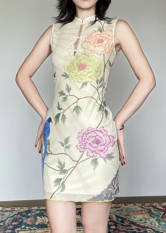 Vintage Stand Collar Print Chinese Button Tulle Dress Sleeveless