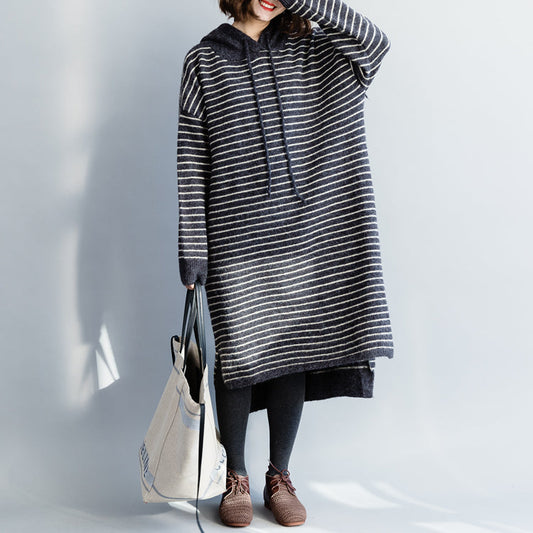 Vintage Pullover Stricktop Muster Moda Kapuze grau gestreift Mujer Strickkleid