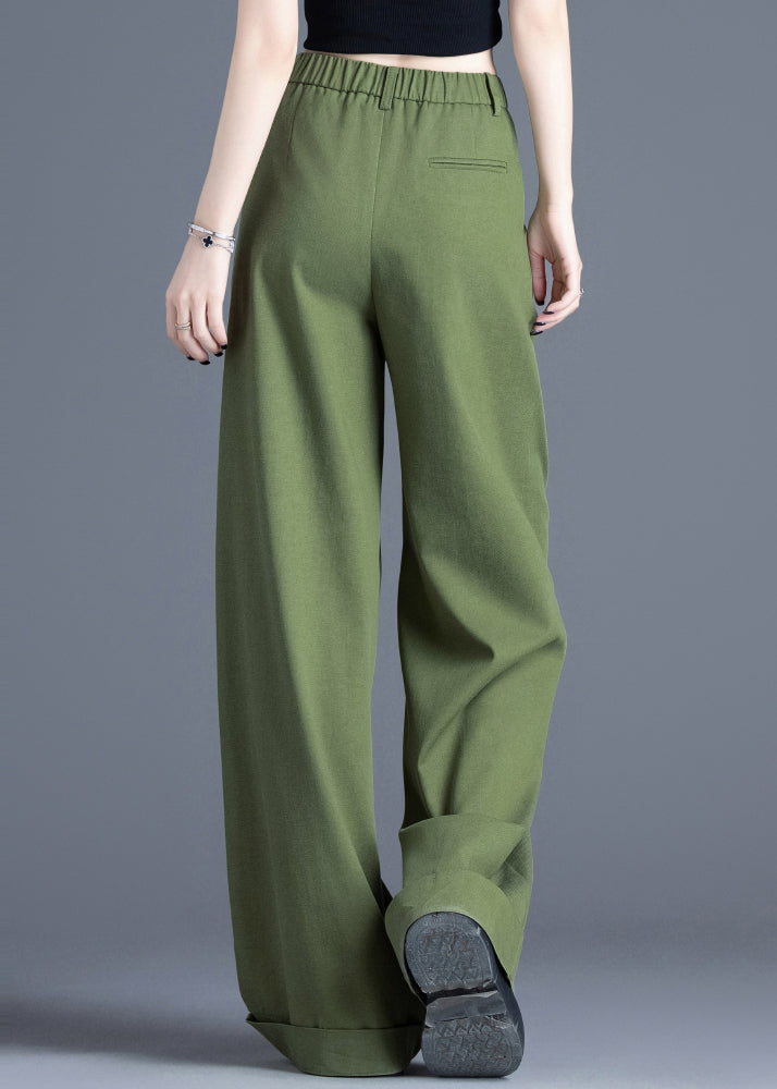 Vintage Tea Green Elastic Waist Cotton Wide Leg Pants Spring