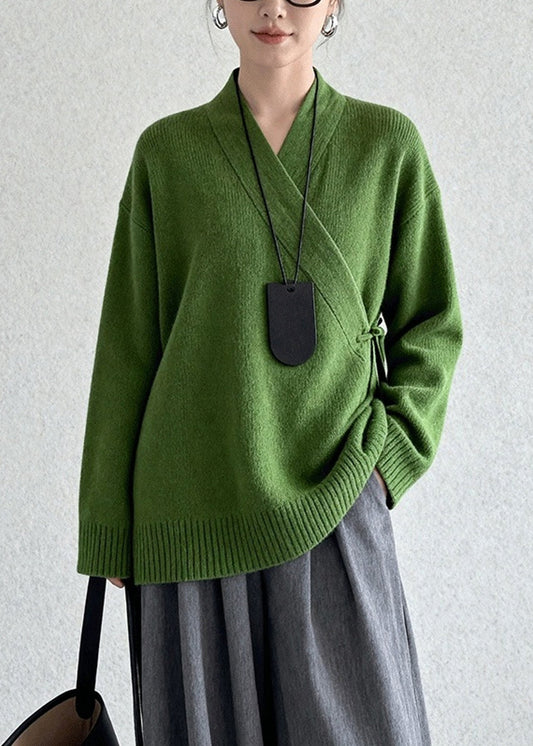 Suéteres de punto vintage verde té con lazo en la cintura para invierno