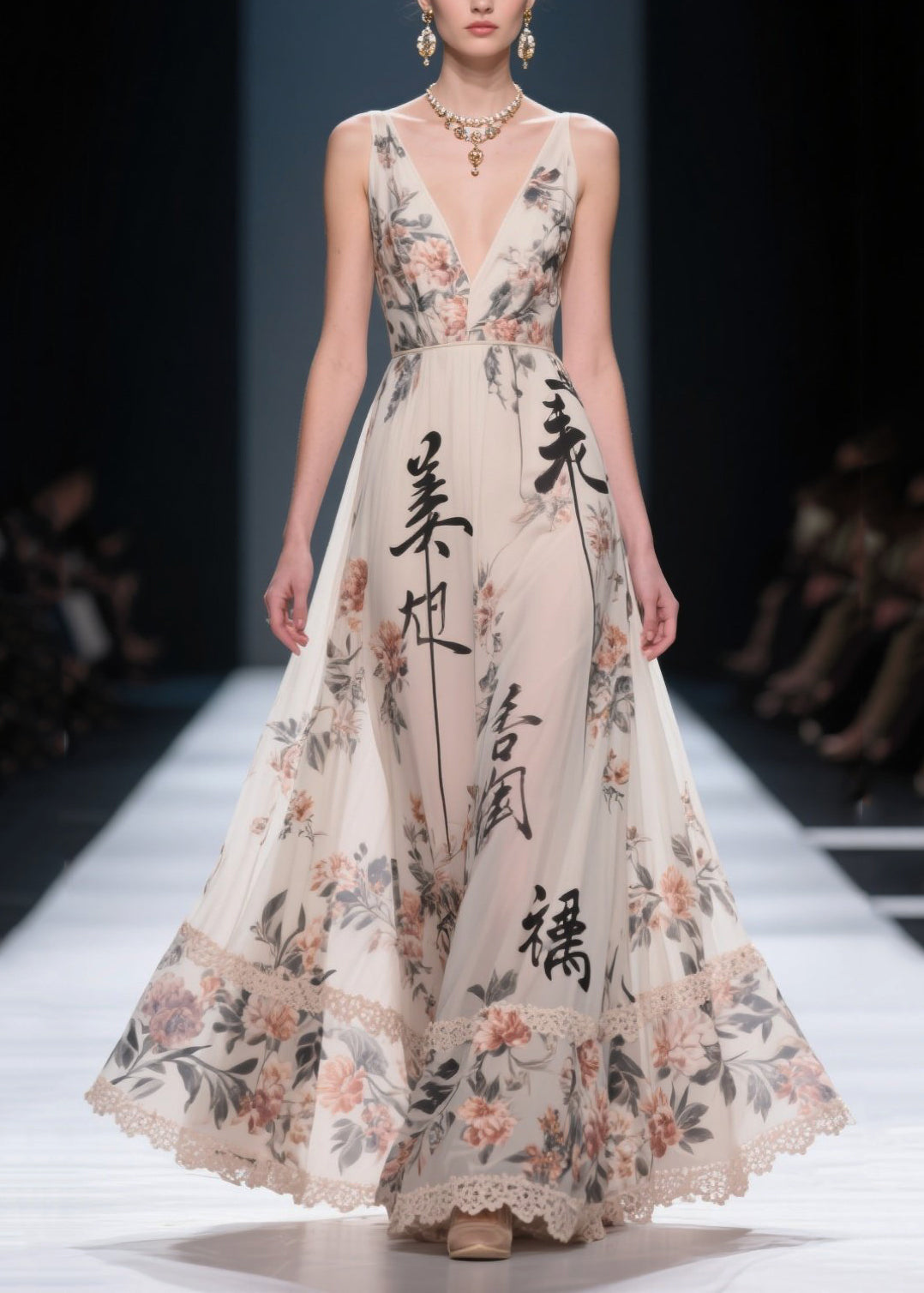 Vintage White Print Patchwork Lace Chiffon Dress Exra Large Hem Summer