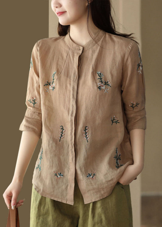 Blusas vintage de lino con cuello alto blanco y bordado de patchwork para verano